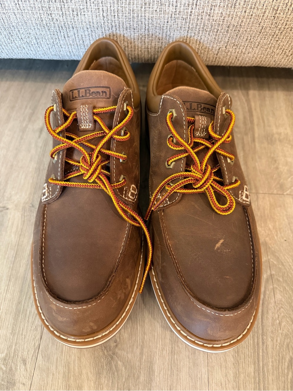 L.L. Bean Men’s Brown Leather Boat Shoes with Yellow-Red Laces